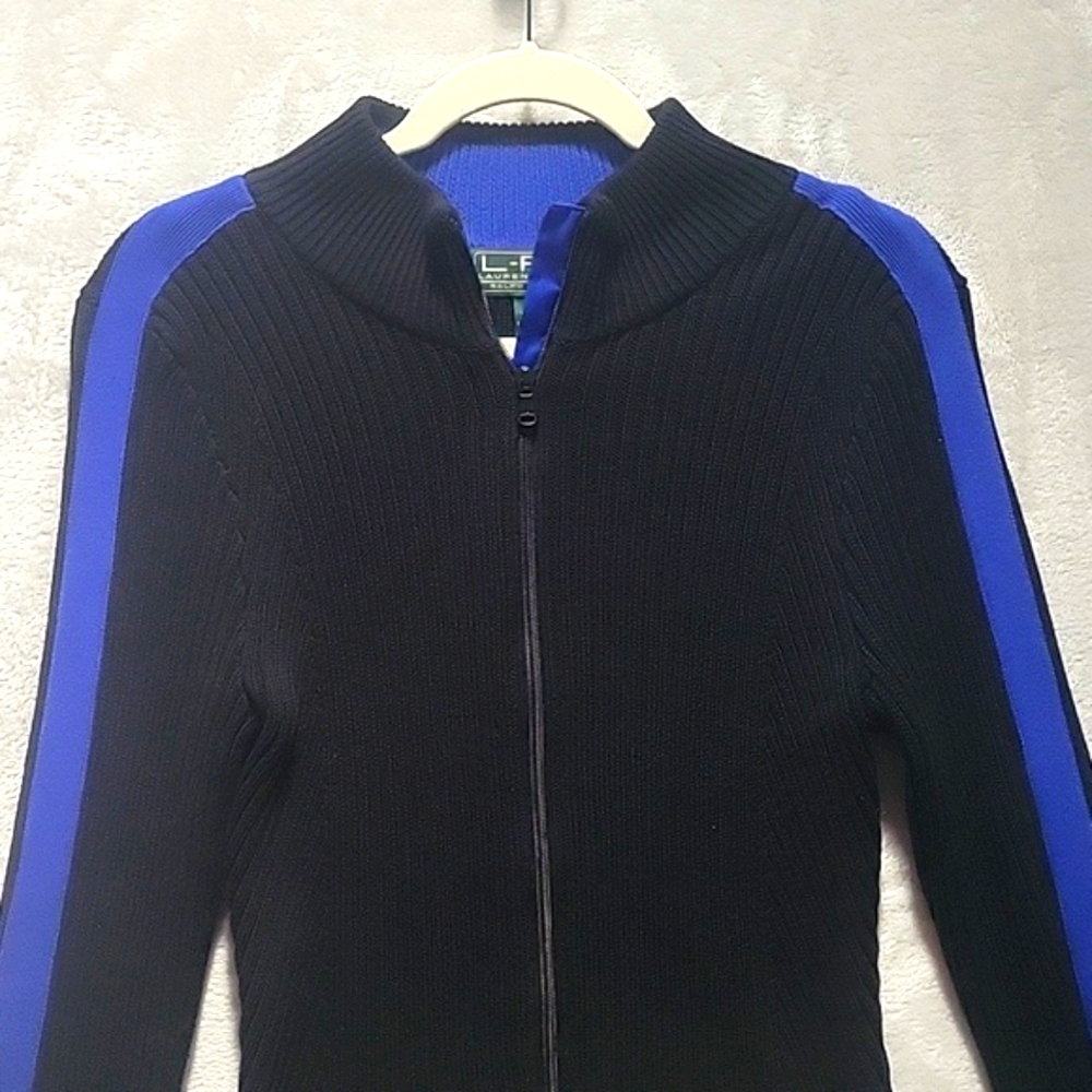 LAUREN Ralph Lauren Active Full Zip Knit Sweater Large Black Blue - Picture 2 of 10